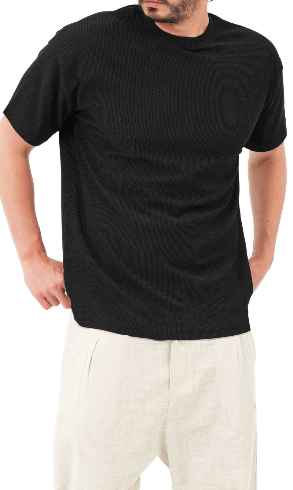 T-shirt oversized waffle noir Qabail — détail texture alvéolée vue produit