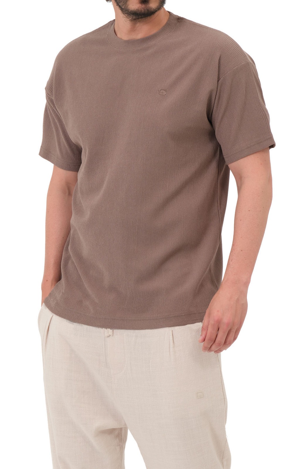 T-shirt oversized waffle taupe Qabail homme — coupe street alvéolée jersey été coloris neutre
