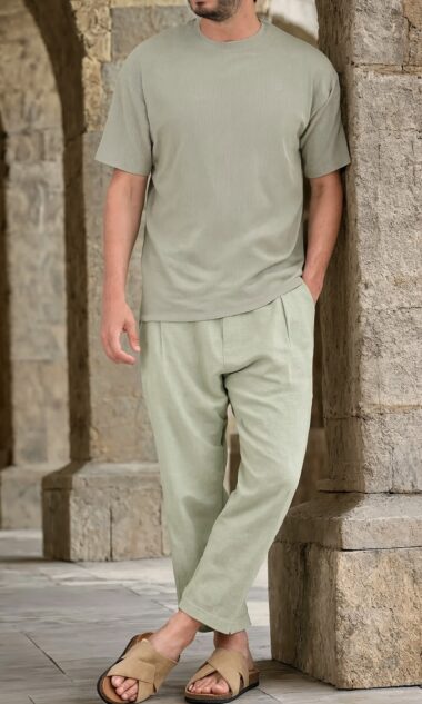 T-shirt oversized waffle vert sauge Qabail homme — coupe street alvéolée jersey été