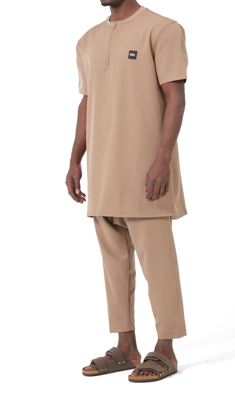 Ensemble Qamis Court Silent camel homme Qabail — tunique zippée sarouel coupe droite modest fashion