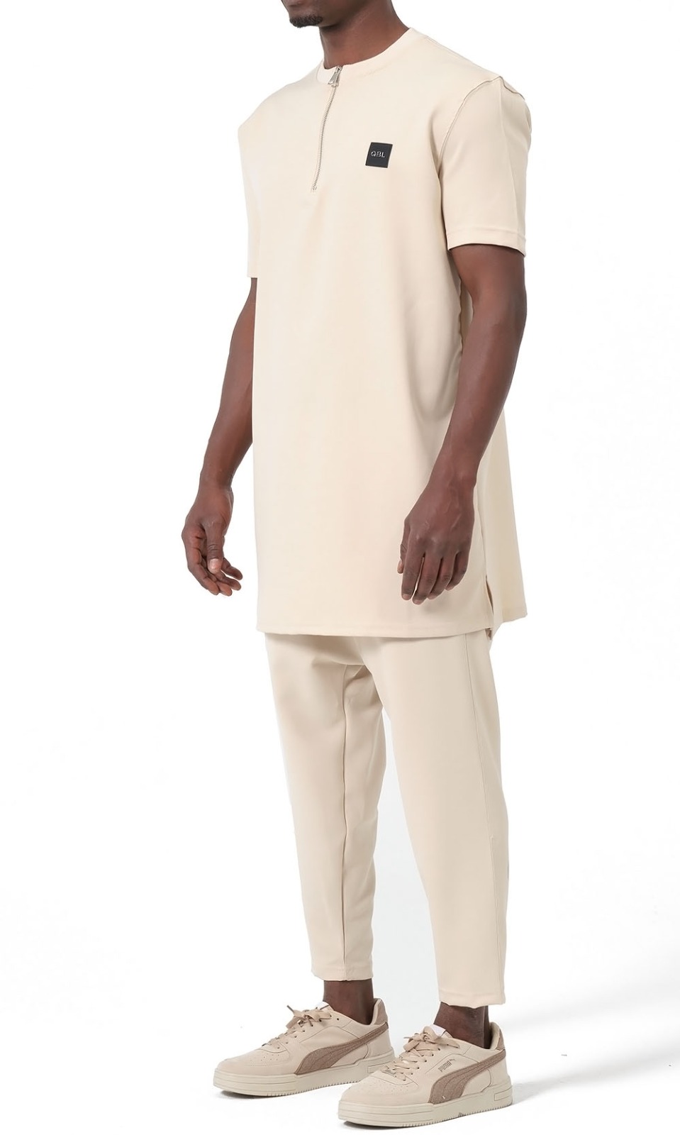Ensemble Qamis Court Silent beige homme Qabail — tunique zippée sarouel coupe droite modest fashion