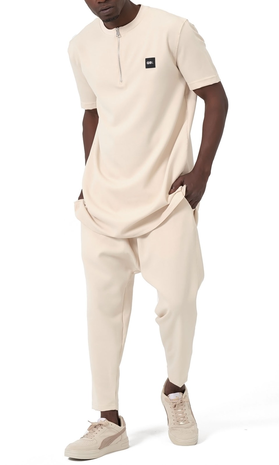 Ensemble Qamis Court Silent beige Qabail — sarouel coupe droite assortie vue produit