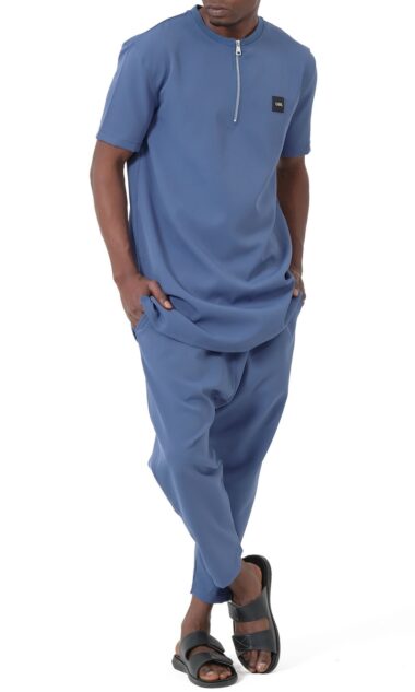 Ensemble Qamis Court Silent indigo homme Qabail — tunique zippée sarouel coupe droite modest fashion
