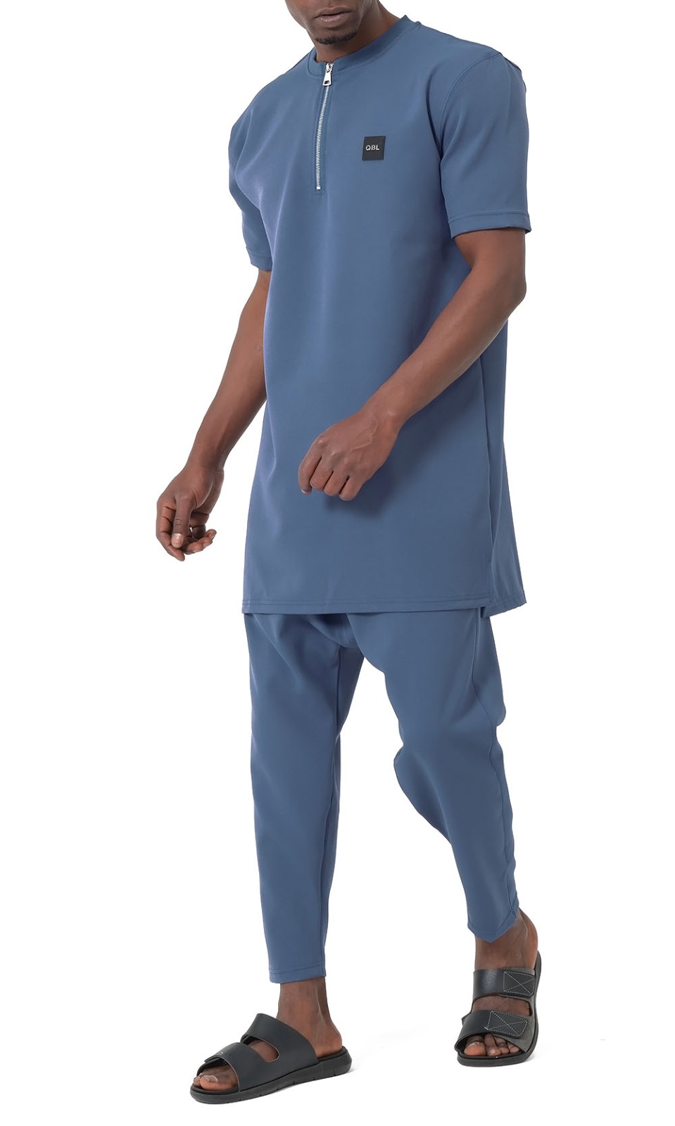 Ensemble Qamis Court Silent indigo Qabail — tunique manche courte encolure zippée vue avant