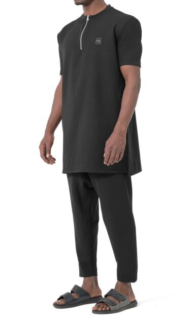 Ensemble Qamis Court Silent noir homme Qabail — tunique zippée sarouel coupe droite modest fashion