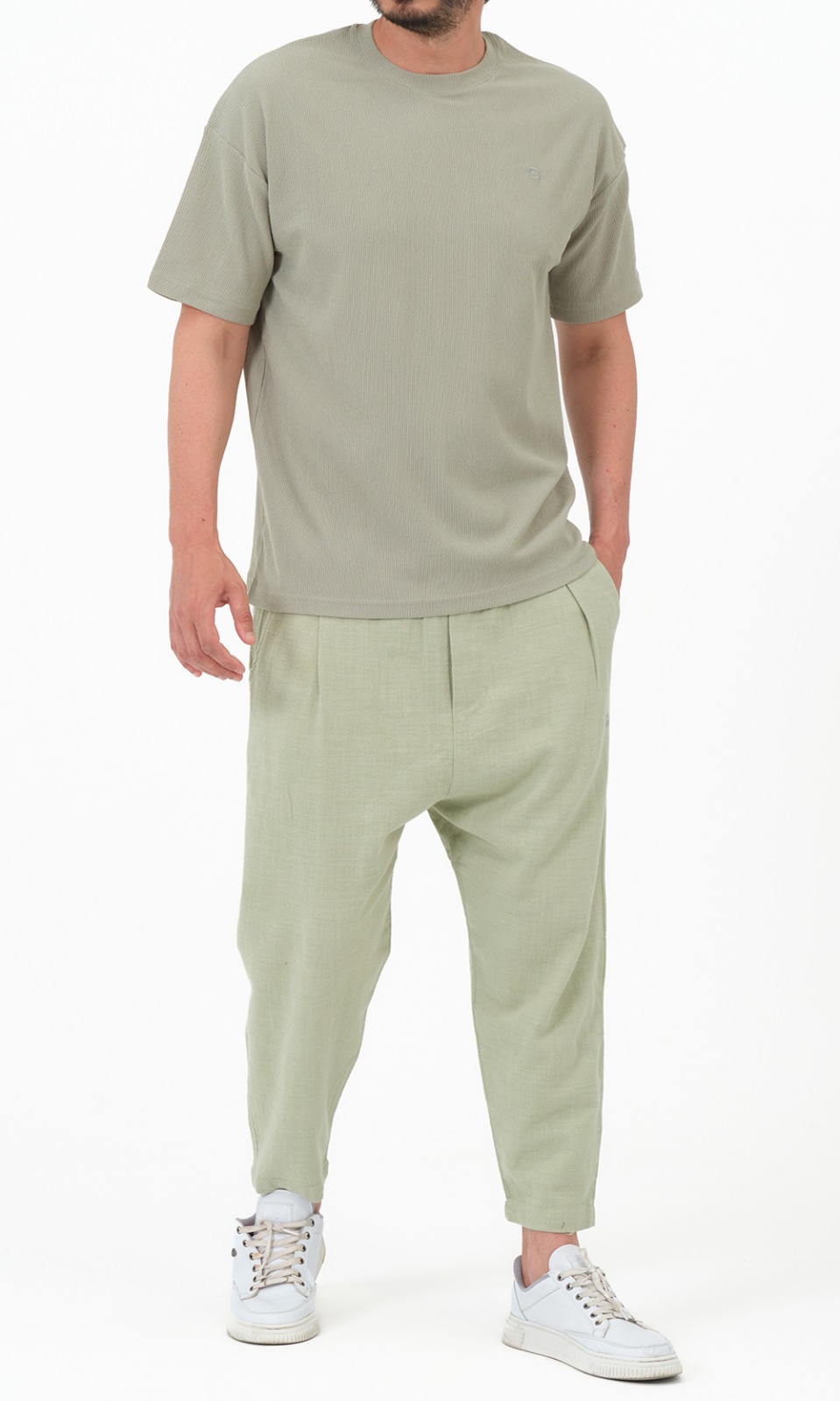 Sarouel Classik Lin vert sauge Qabail — porté tenue casual pudique été